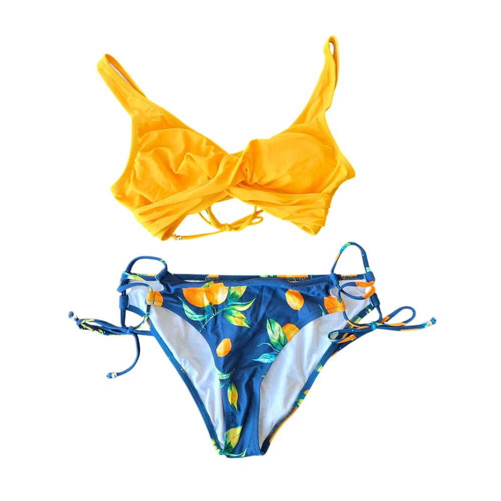 Cupshe Lemon Print Wrap Bikini & Side-Tie Ruched Bottoms Bikini Set Size L NWT